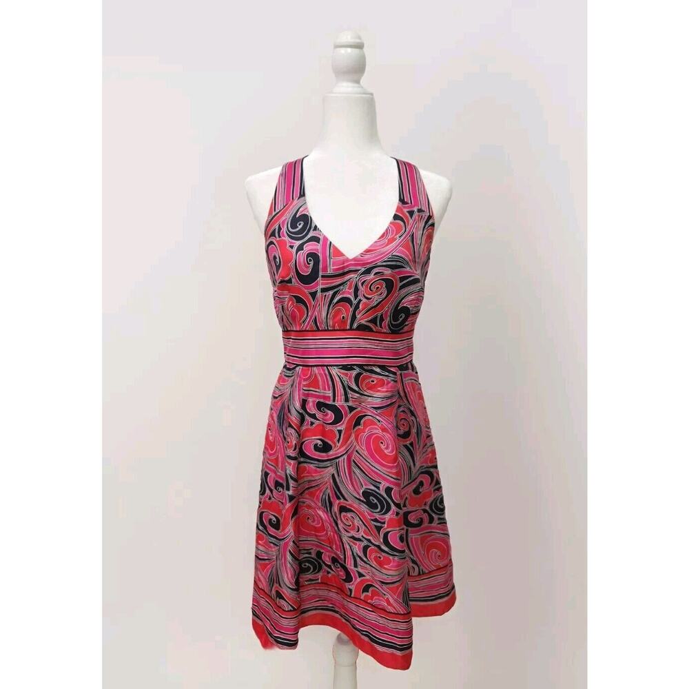 Nine West Women's Silk Skater Dress Size 6 Geometric Pattern Red, Pink & Black
